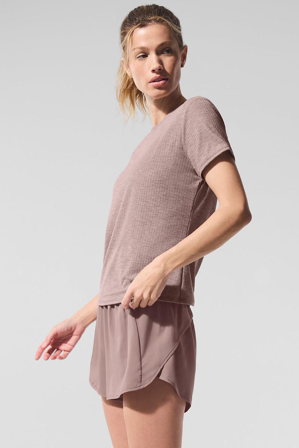 μπλουζακια για τρεξιμο γυναικεια Alo Yoga Ribbed Sea Coast Mushroom Heather | Greece  LSHTZ-9813